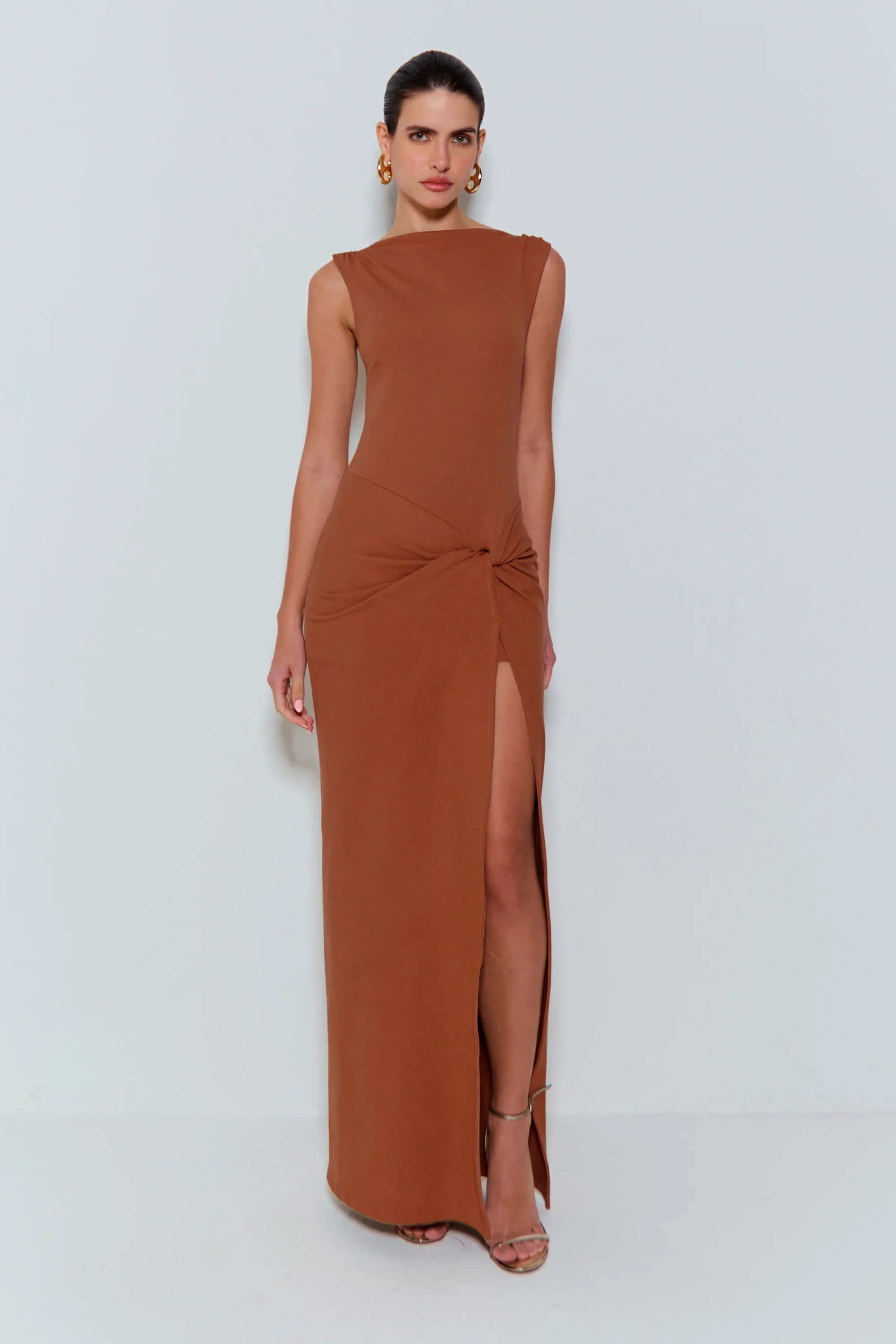 Long Dress with Twist and side slit Brown