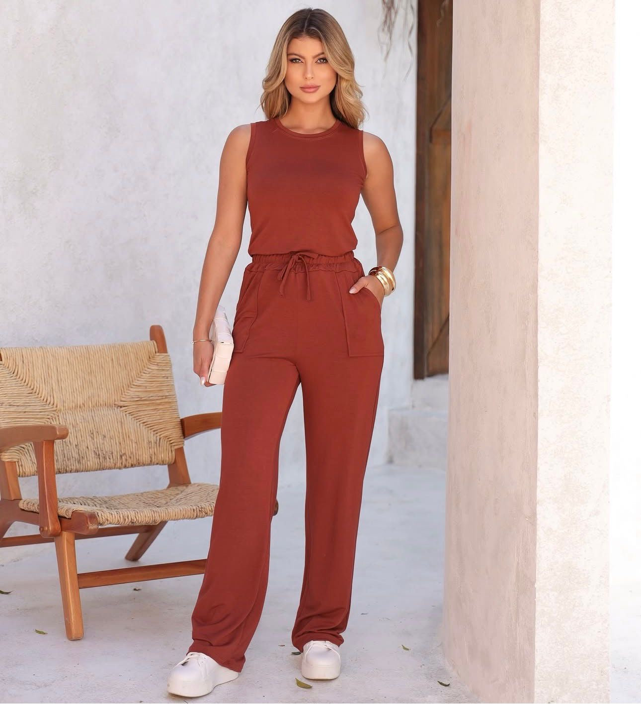 2 Piece Set Tank Top Sweatshirt Terracotta