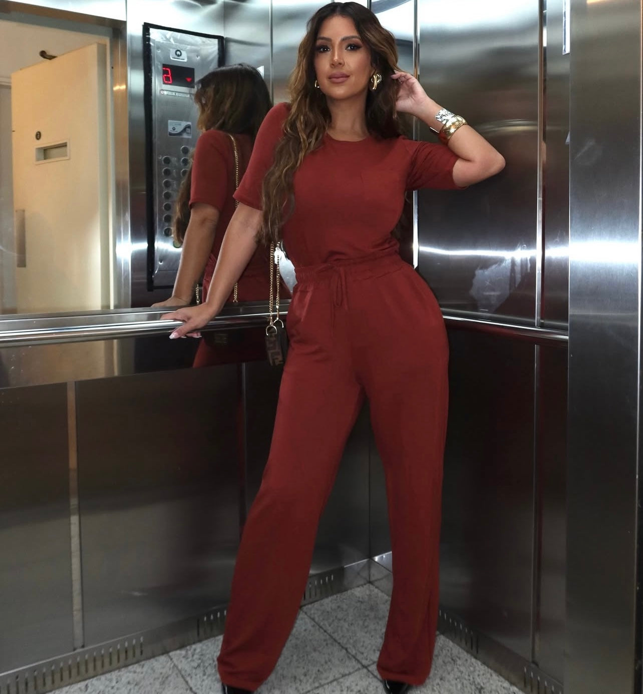 2 Piece Set Sweatshirt Wide Leg Pants and Blouse Terracotta