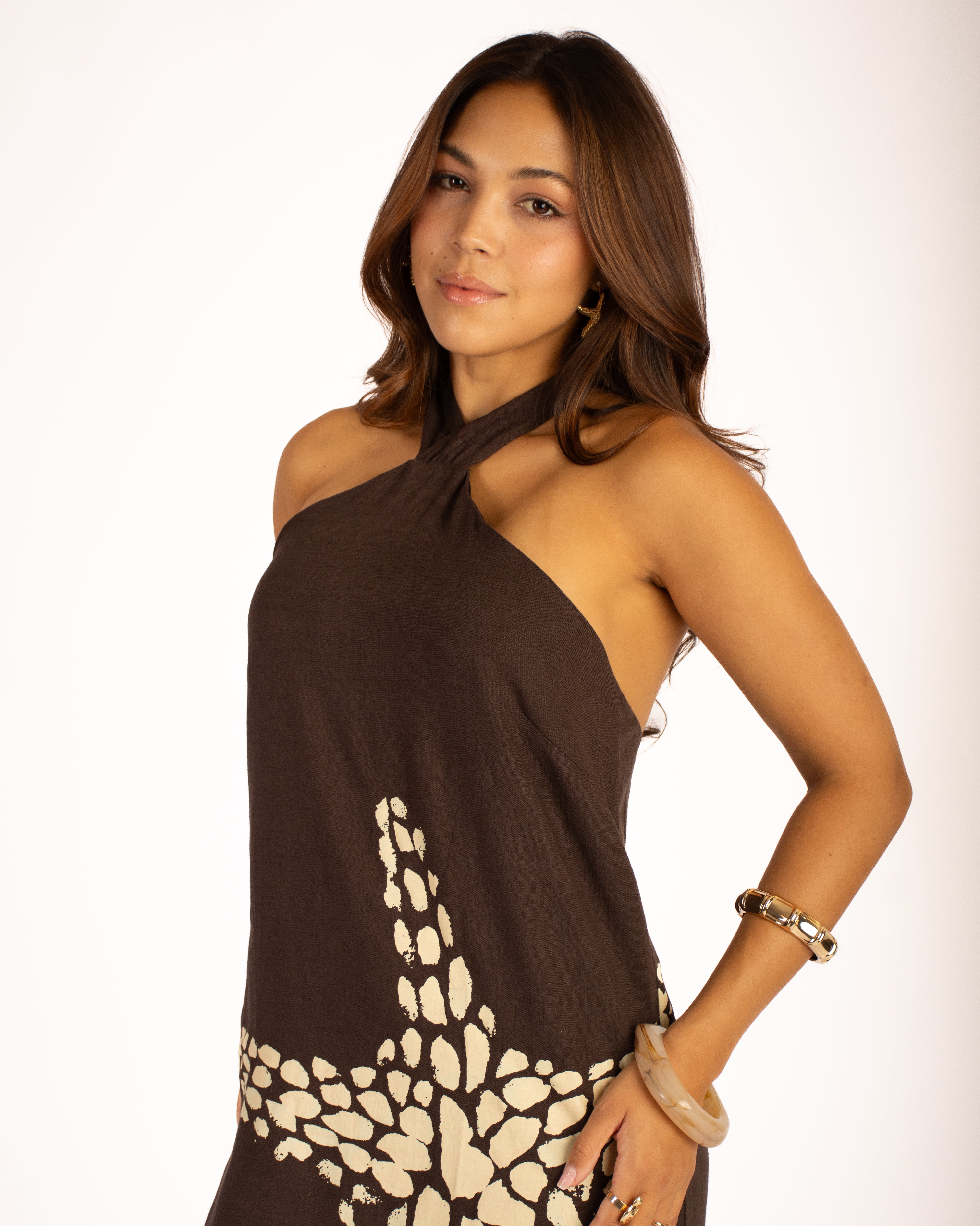 Backless Dress With Linen Brown