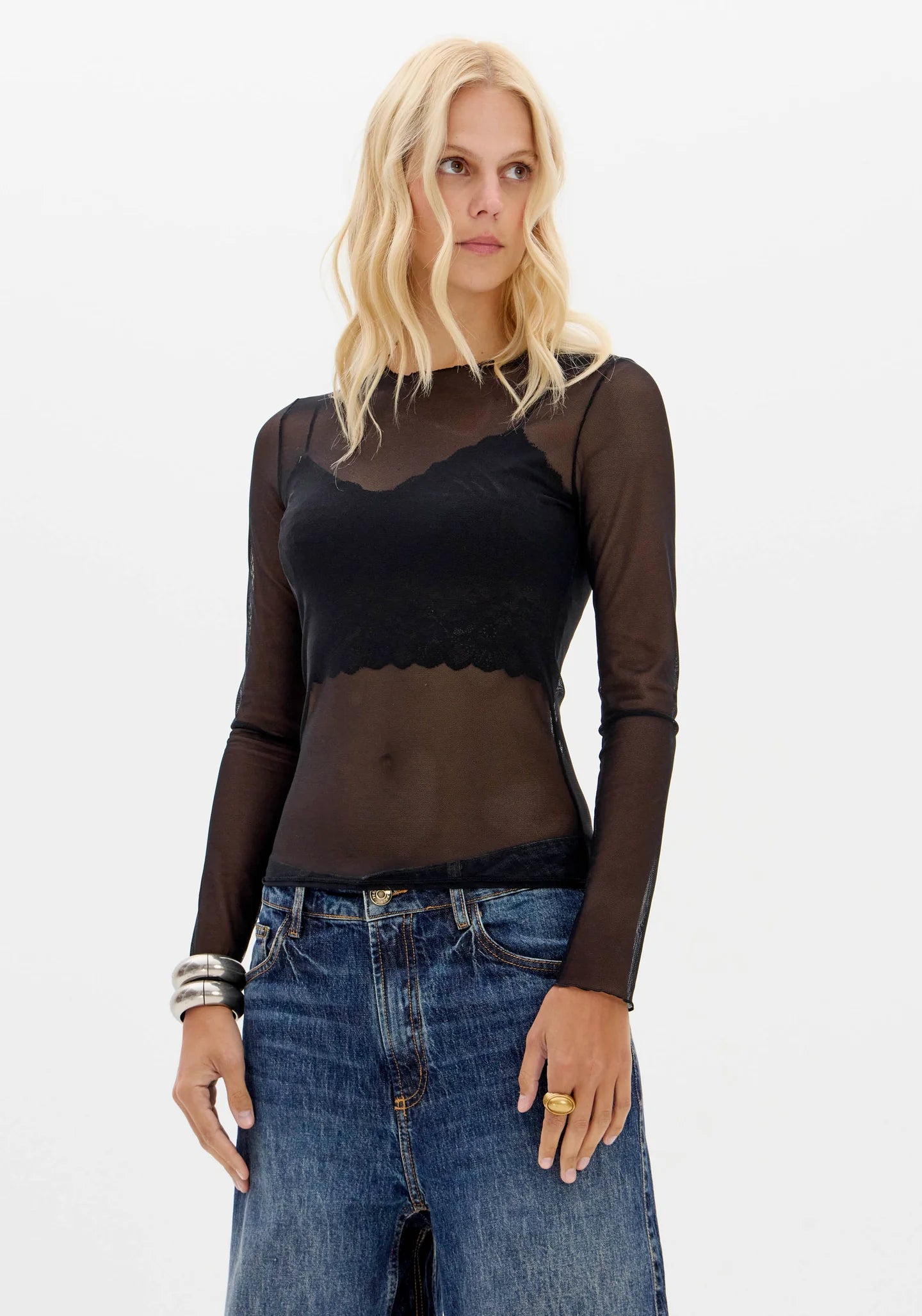 Long-Sleeve Tulle Blouse