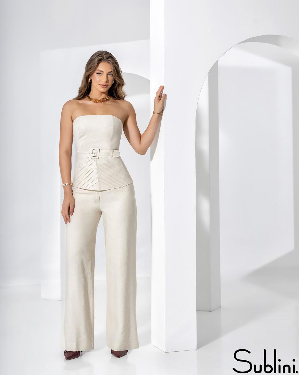 2 Piece Set Pants and Strapless Top Beige