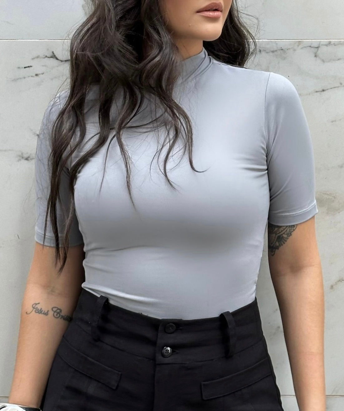 Sleeve Blouse and Collar Gray